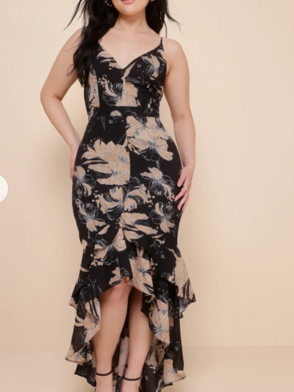 Lulus | High-Low Floral Maxi Dress | Black & Beige | L | Like New